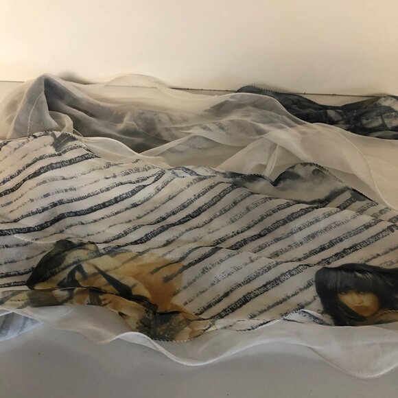 Dual White Sheer Lightweight Scarf with Blue Beige Abstract Pattern 10x92 inch - Picture 5 of 6